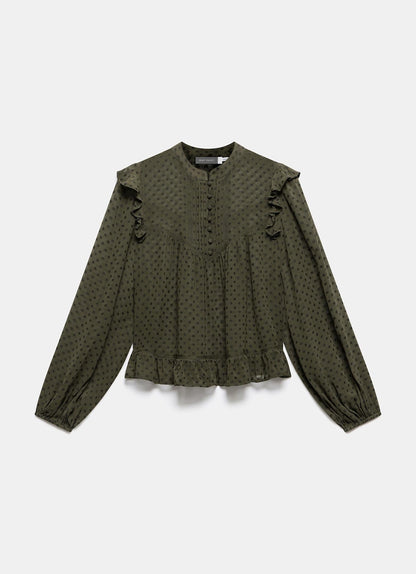 Khaki Jacquard Ruffle Detail Blouse