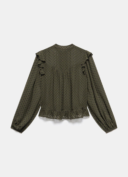 Khaki Jacquard Ruffle Detail Blouse