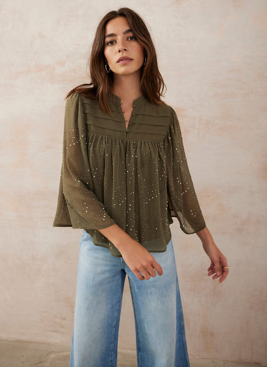Khaki Embellished Cape Top