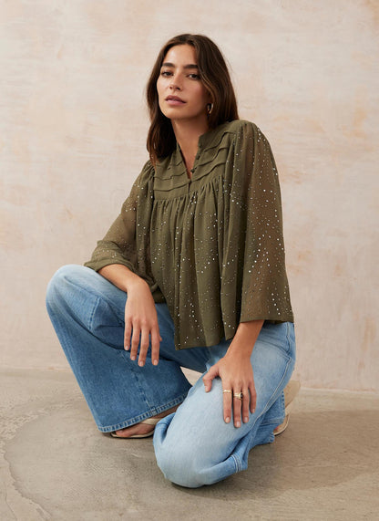 Khaki Embellished Cape Top