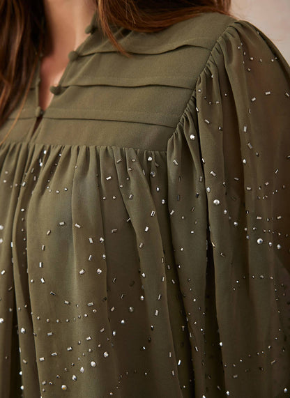 Khaki Embellished Cape Top