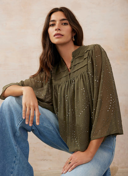 Khaki Embellished Cape Top