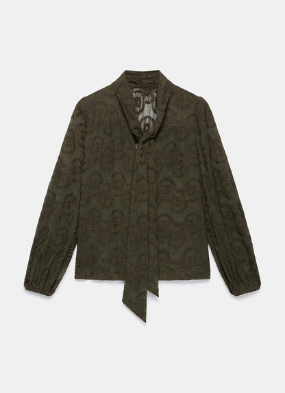 Khaki Floral Tie Neck Blouse