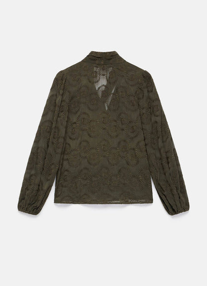 Khaki Floral Tie Neck Blouse