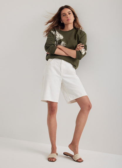 Khaki Cotton Blend Flower Sweatshirt