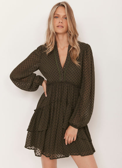 Khaki Jacquard Polka Dot Mini Dress