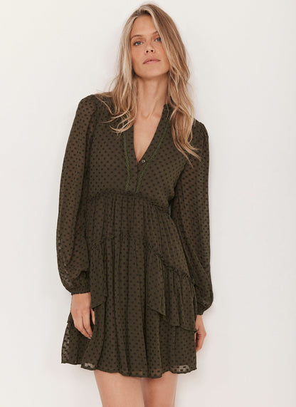 Khaki Jacquard Polka Dot Mini Dress