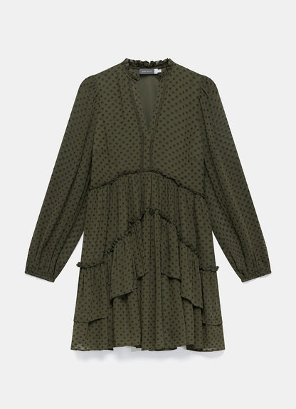 Khaki Jacquard Polka Dot Mini Dress