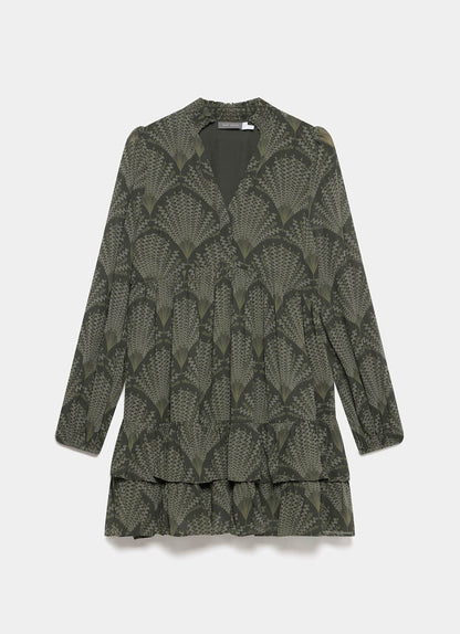Khaki Printed Long Sleeve Mini Dress