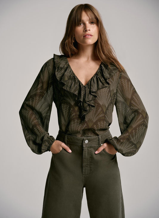 Khaki Printed Long Sleeve Blouse