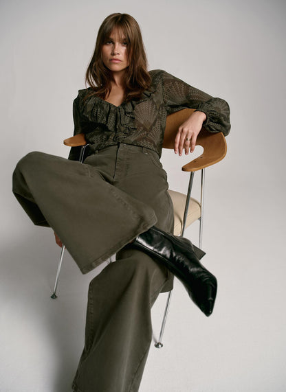 Khaki Printed Long Sleeve Blouse