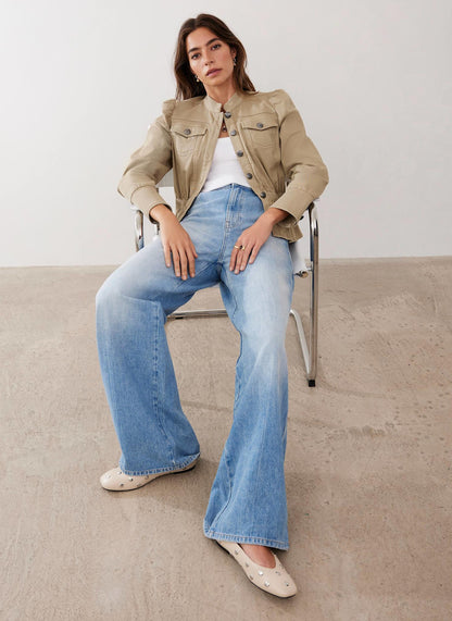 Khaki Puff Sleeve Peplum Jacket