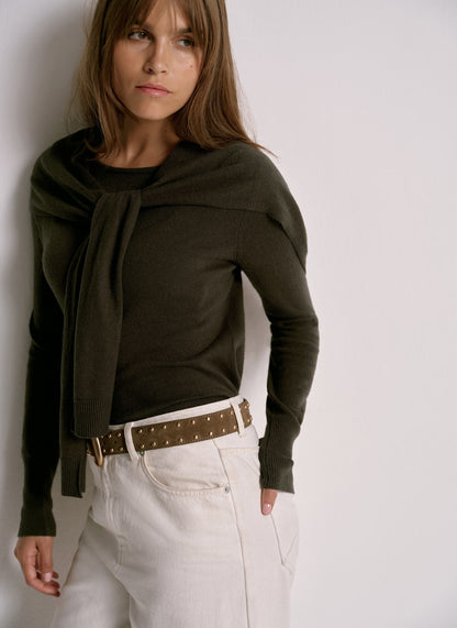 Khaki Cotton Blend Scarf Detail Knit Jumper