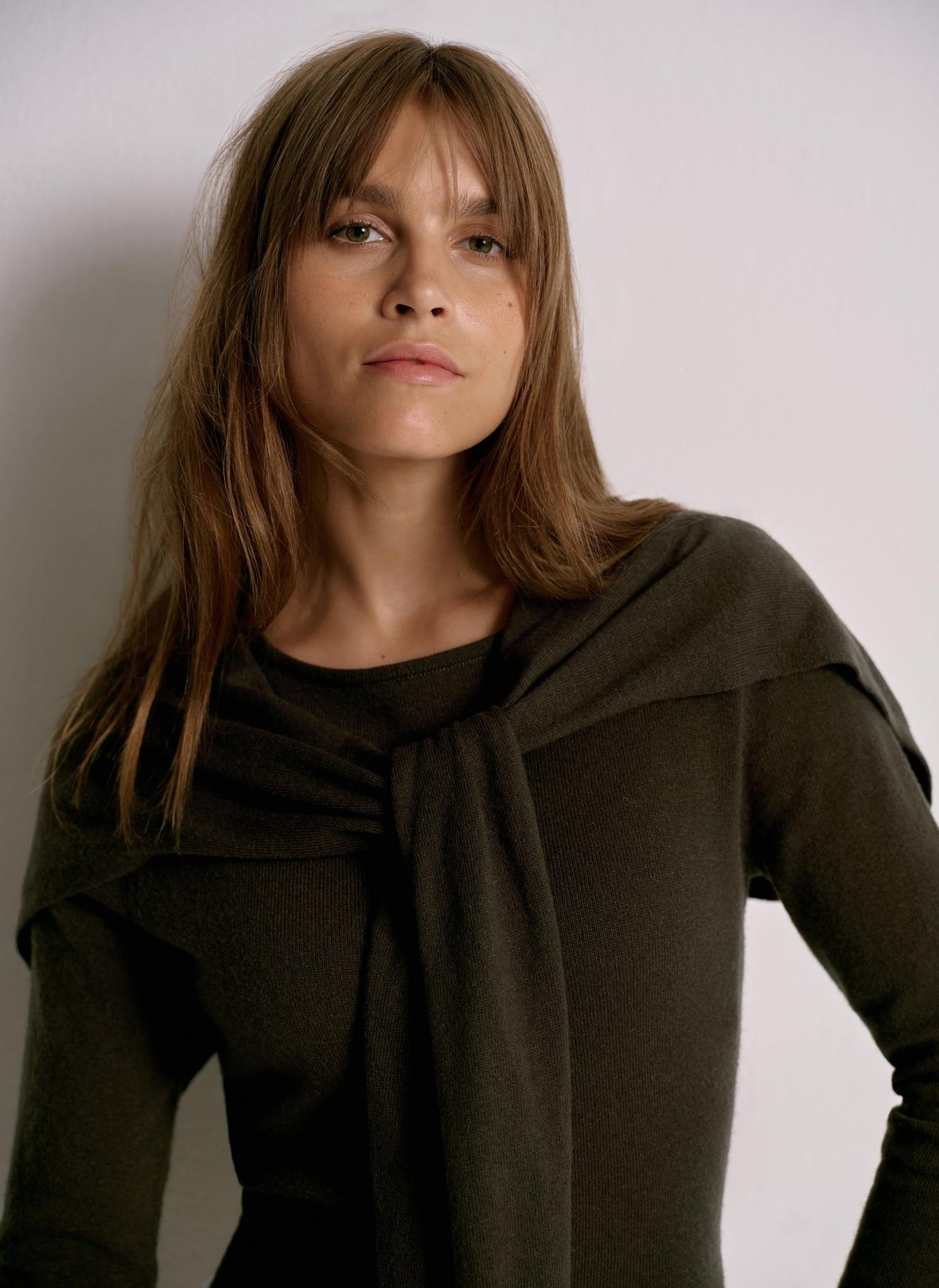 Khaki Cotton Blend Scarf Detail Knit Jumper