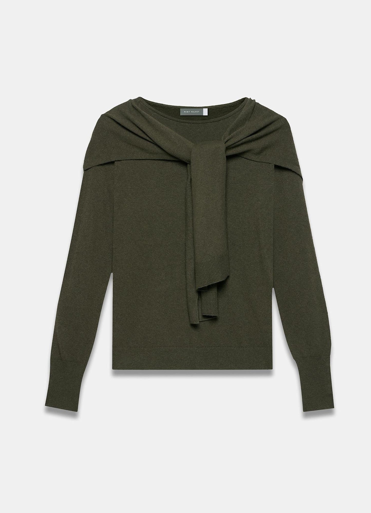 Khaki Cotton Blend Scarf Detail Knit Jumper