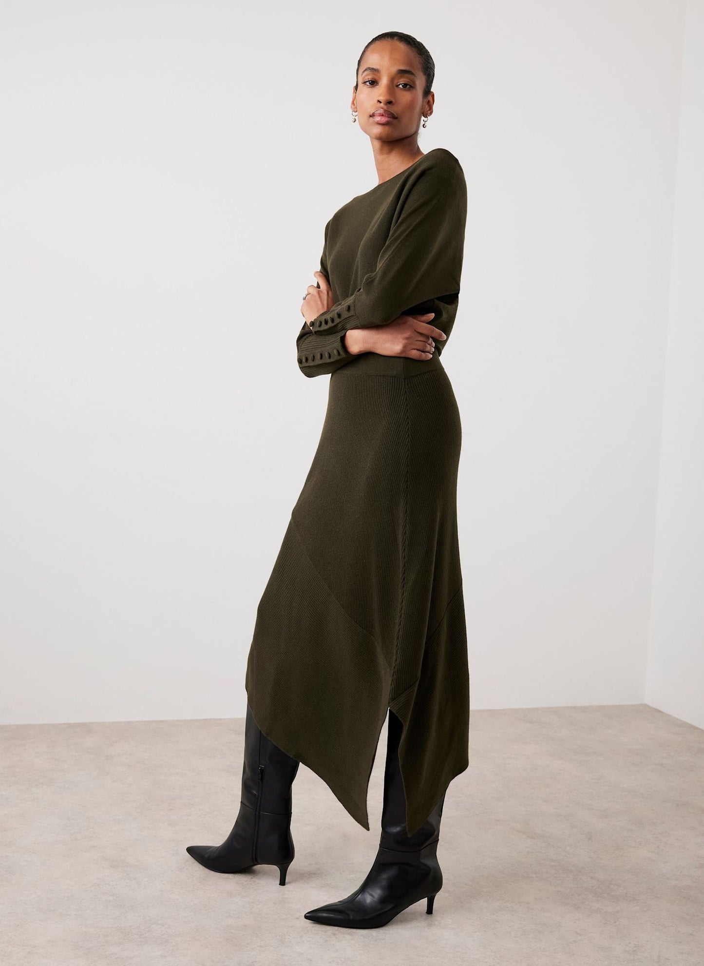 Khaki Batwing Asymmetric Knit Maxi Dress