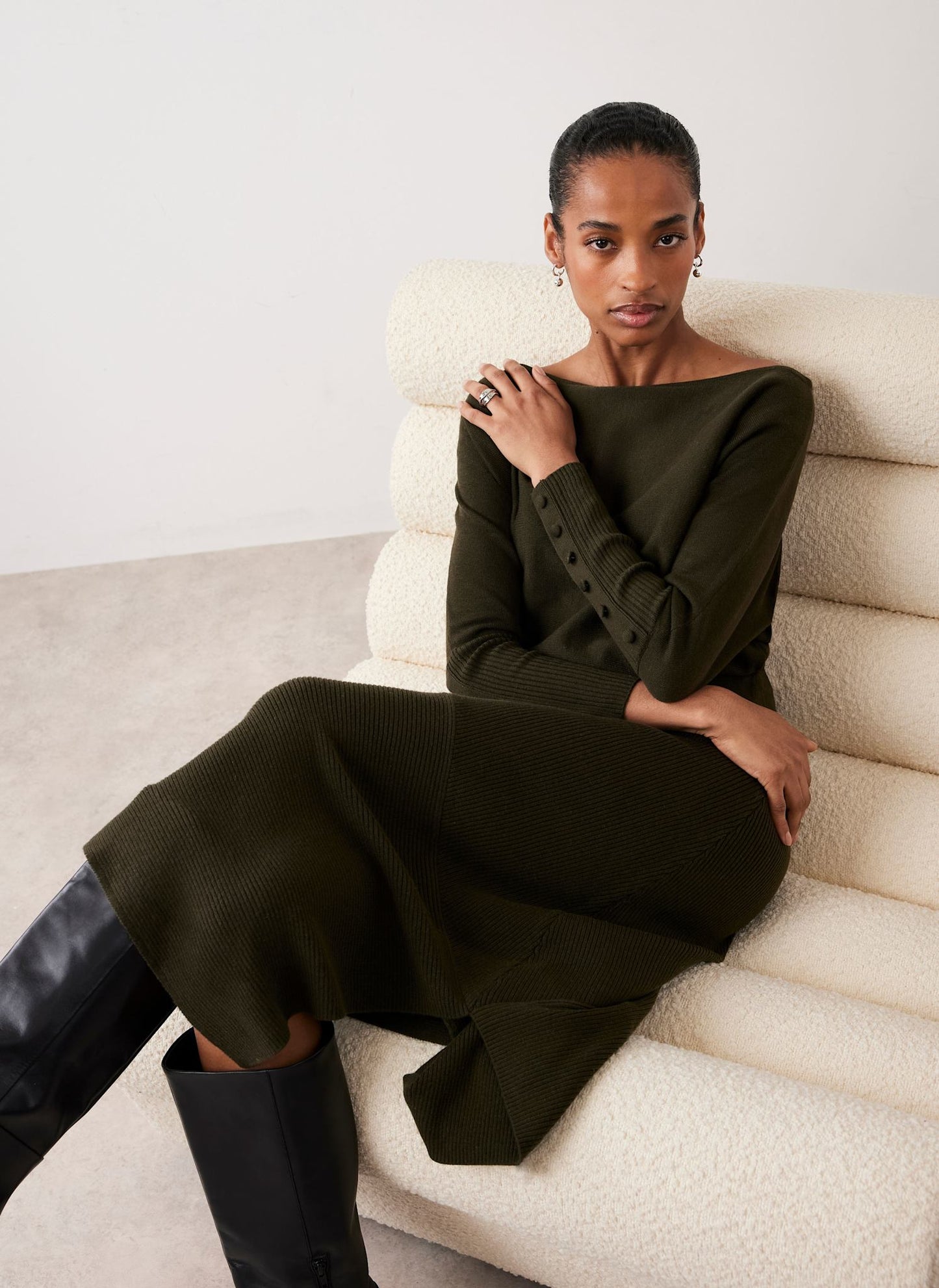 Khaki Batwing Asymmetric Knit Maxi Dress