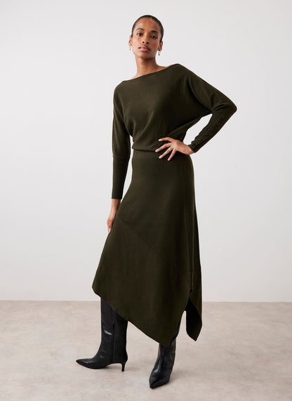 Khaki Batwing Asymmetric Knit Maxi Dress