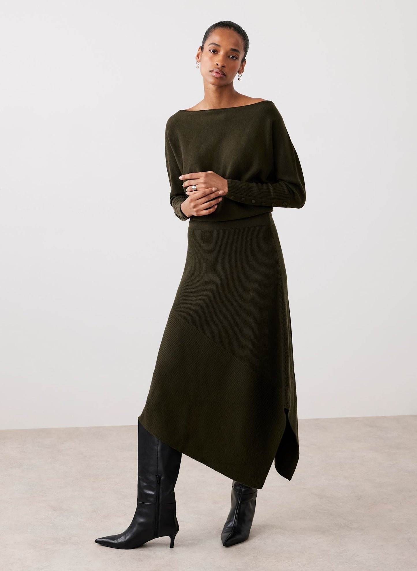 Khaki Batwing Asymmetric Knit Maxi Dress