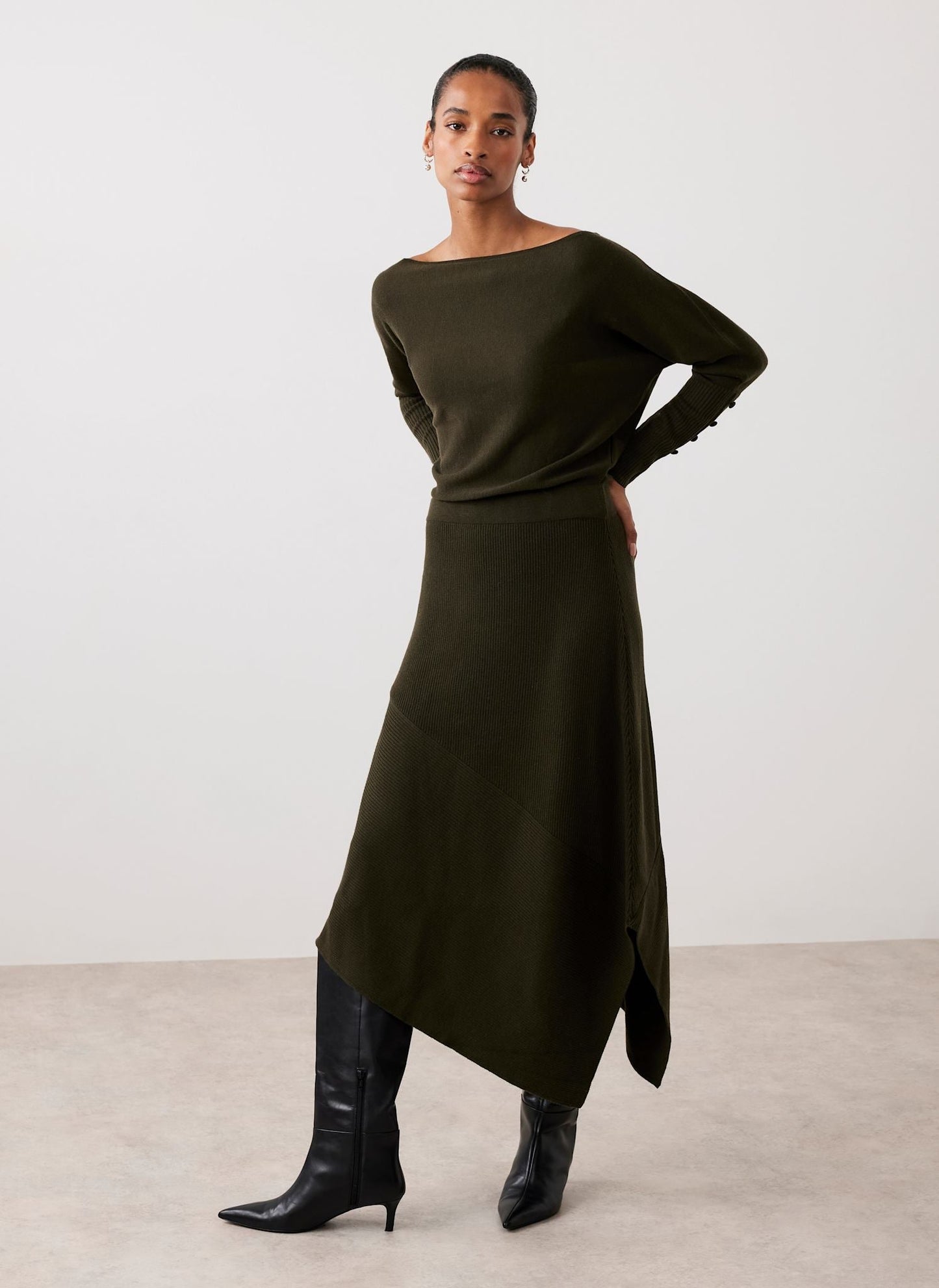 Khaki Batwing Asymmetric Knit Maxi Dress