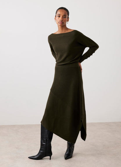 Khaki Batwing Asymmetric Knit Maxi Dress