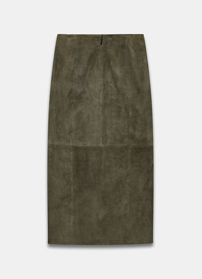 Khaki Suede Midi Skirt