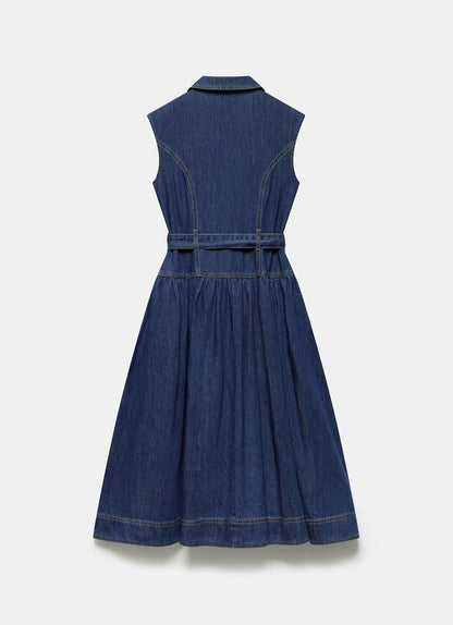 Dark Indigo Drop Waist Collared Denim Dress