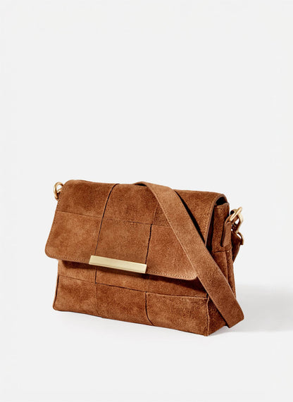Tan Suede Woven Crossbody Bag
