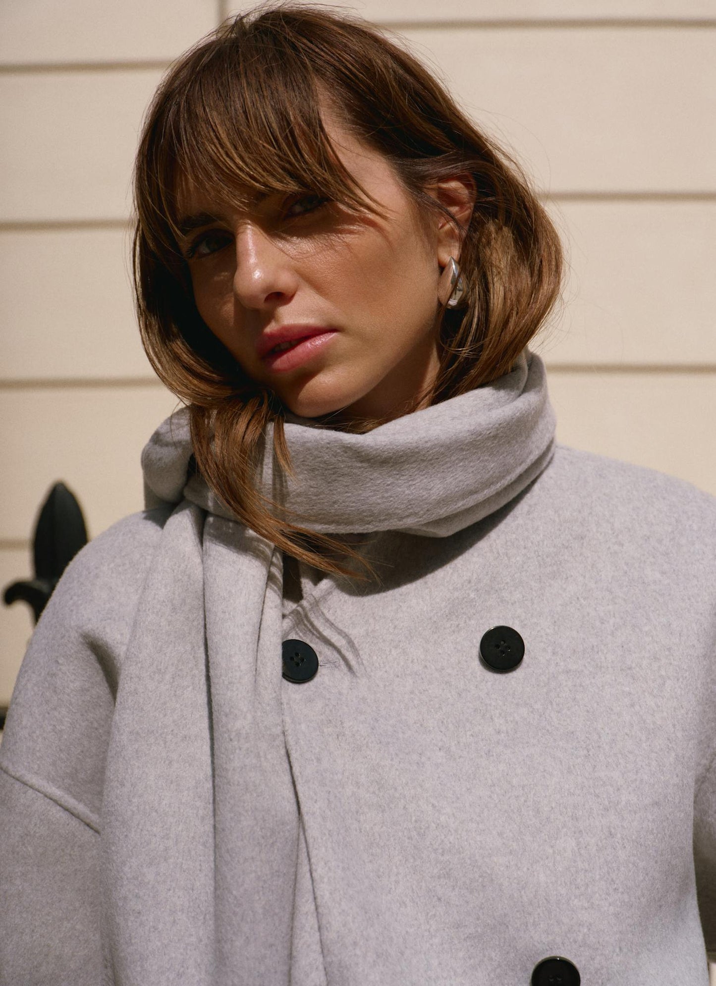 Light Grey Wool Blend Hand Finished Scarf Detail Coat