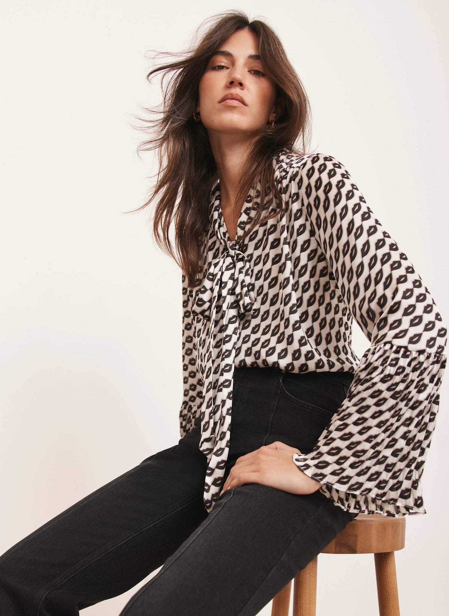 Black Lip Print Bow Blouse