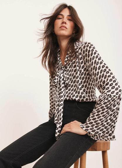 Black Lip Print Bow Blouse
