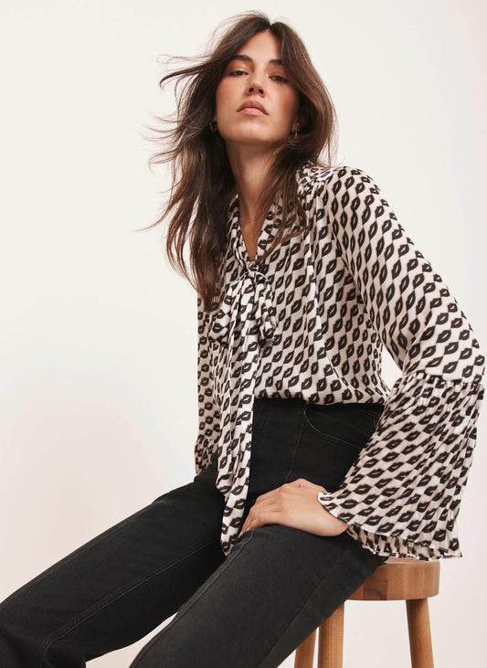Black Lip Print Bow Blouse