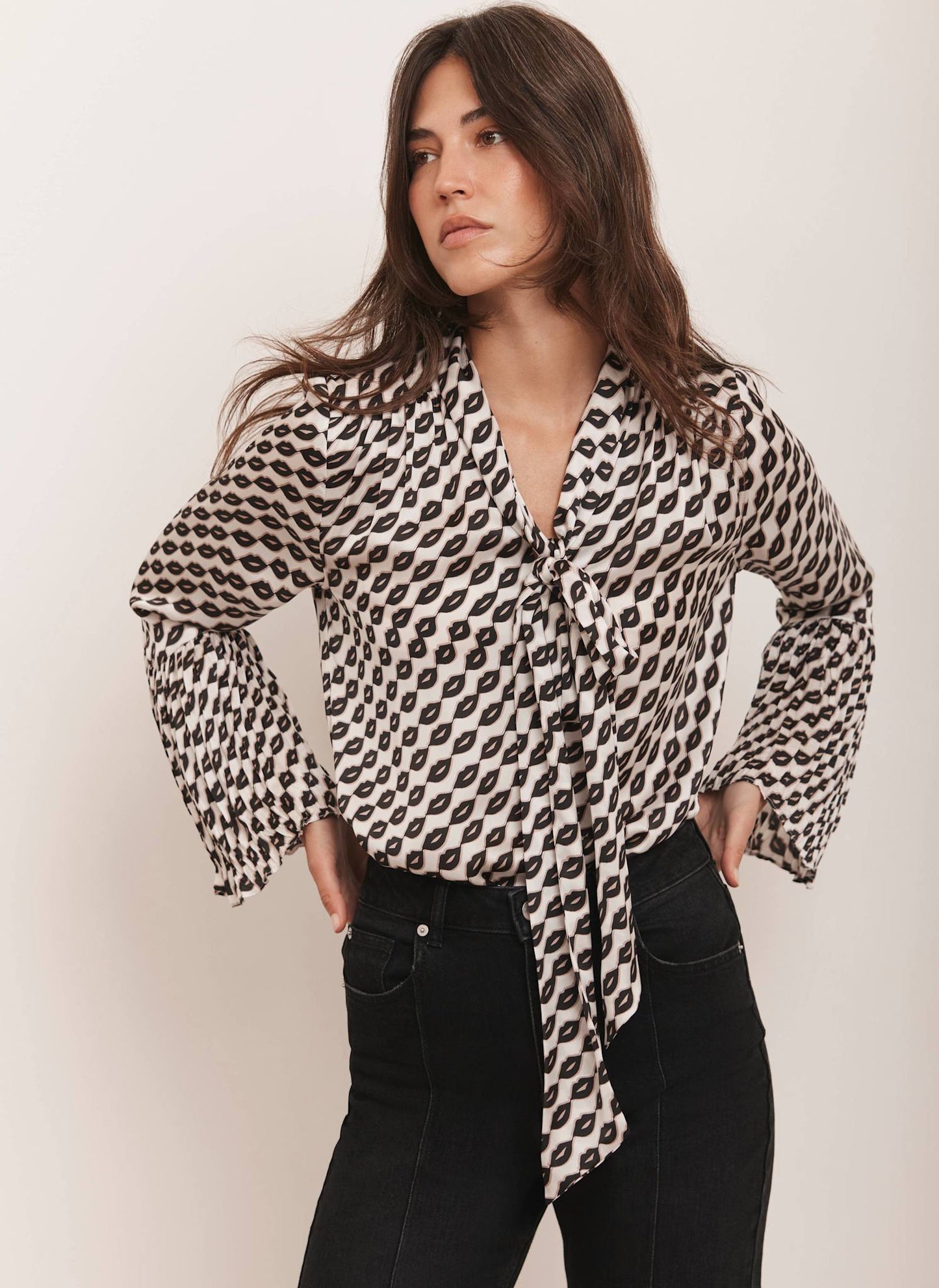 Black Lip Print Bow Blouse