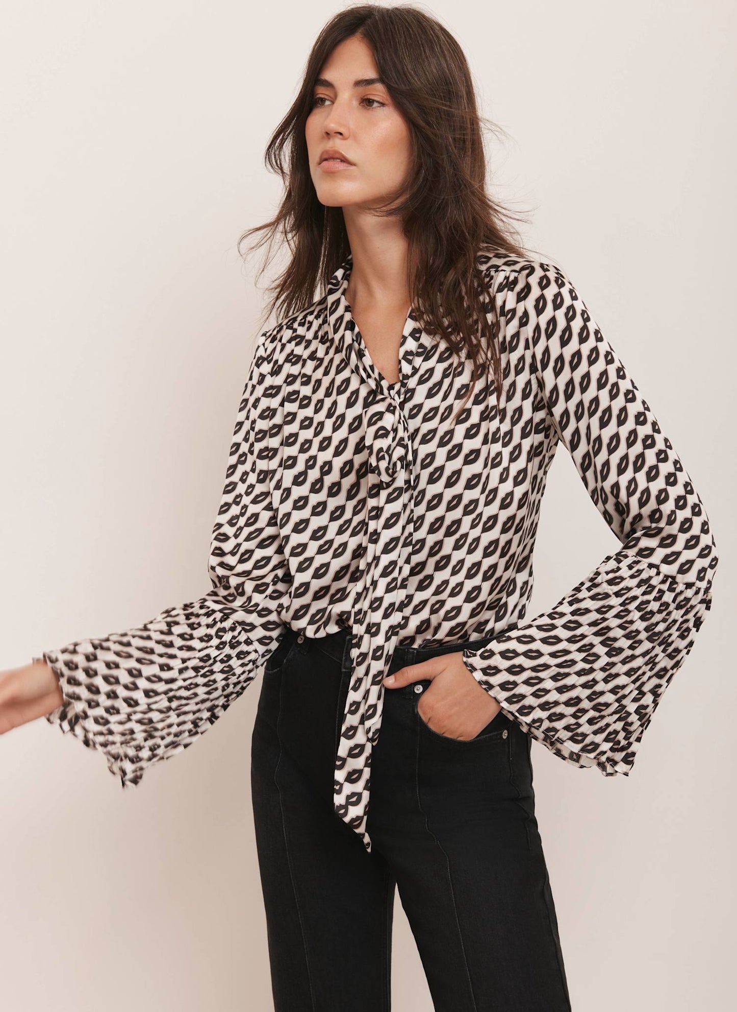 Black Lip Print Bow Blouse
