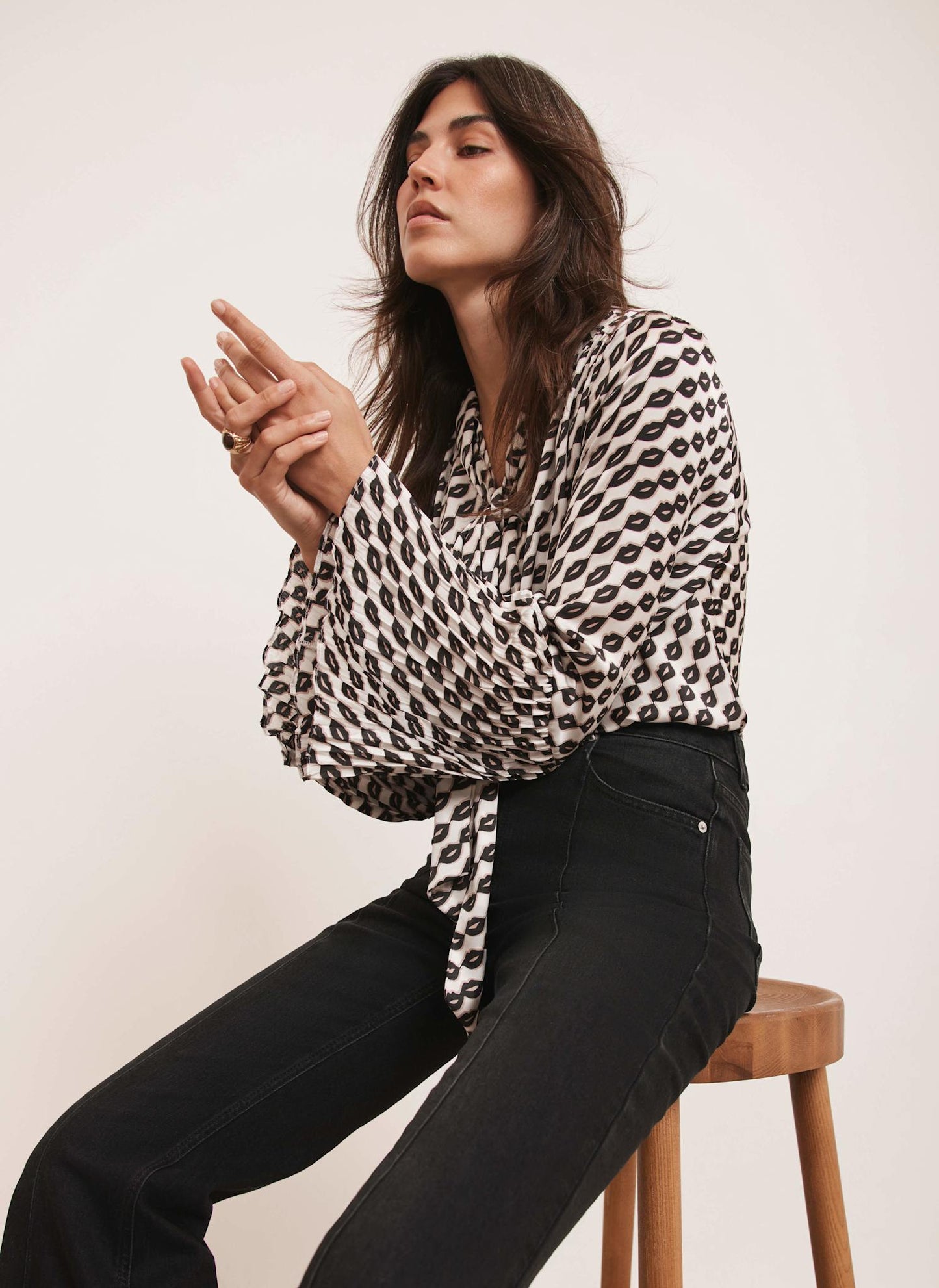 Black Lip Print Bow Blouse