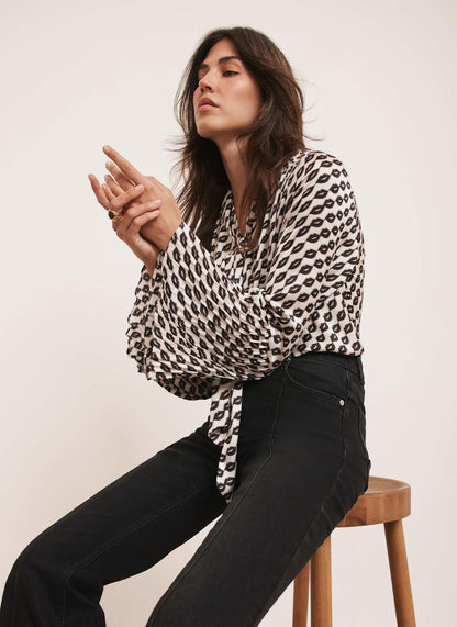 Black Lip Print Bow Blouse