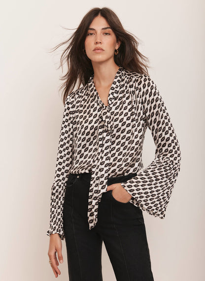 Black Lip Print Bow Blouse