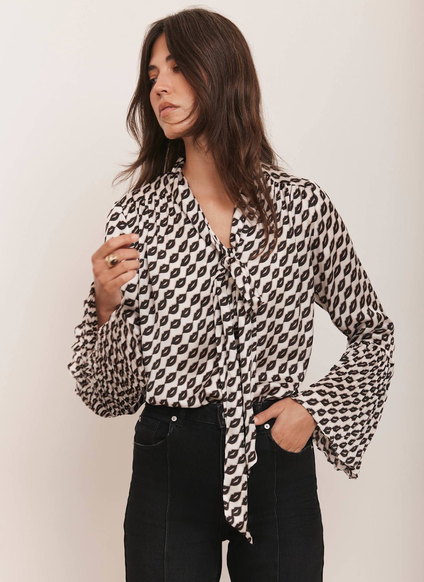 Black Lip Print Bow Blouse