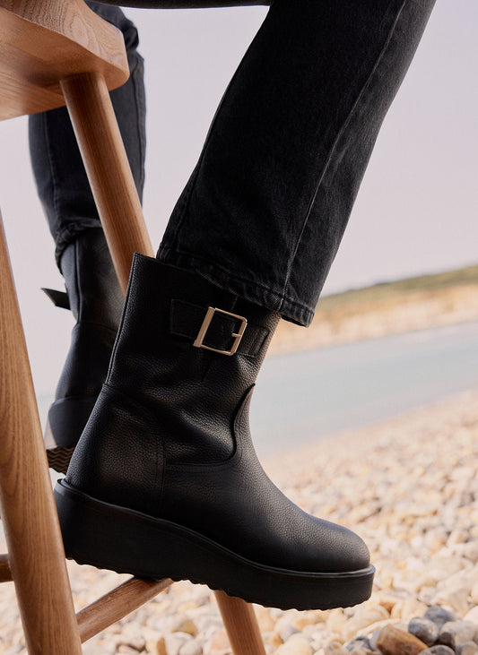 Lola Black Leather Wedge Biker Boots
