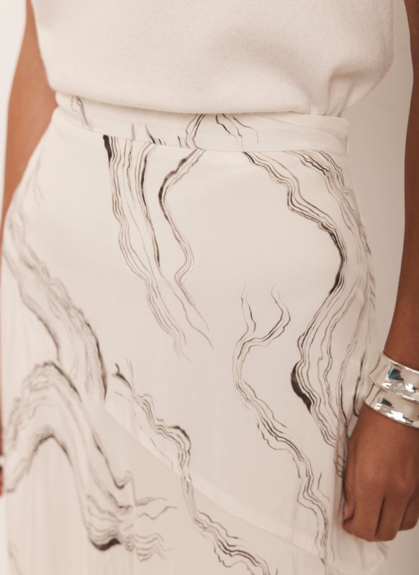 Cream Marble Print Midi Skirt