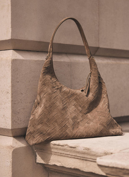 May Neutral Woven Suede Shoulder Bag