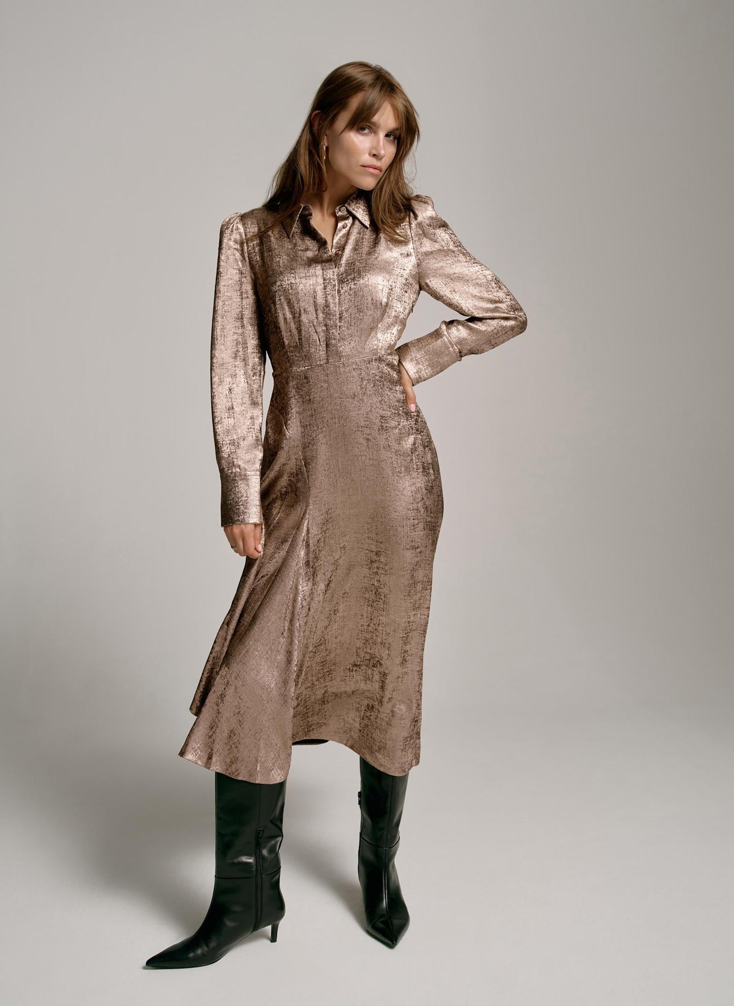Gold Metallic Midi Shirt Dress
