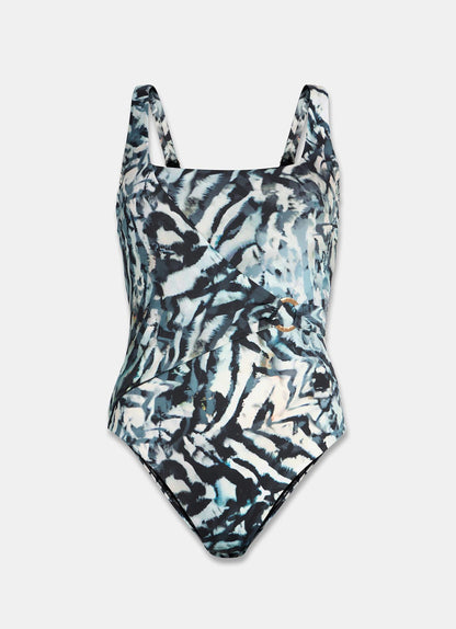 Navy Print Wrap Swimsuit
