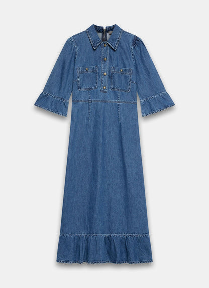 Indigo Denim Midi Shirt Dress