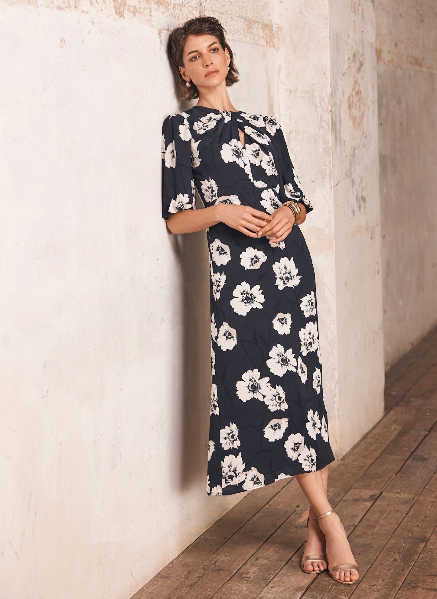 Navy Floral Print Midi Dress