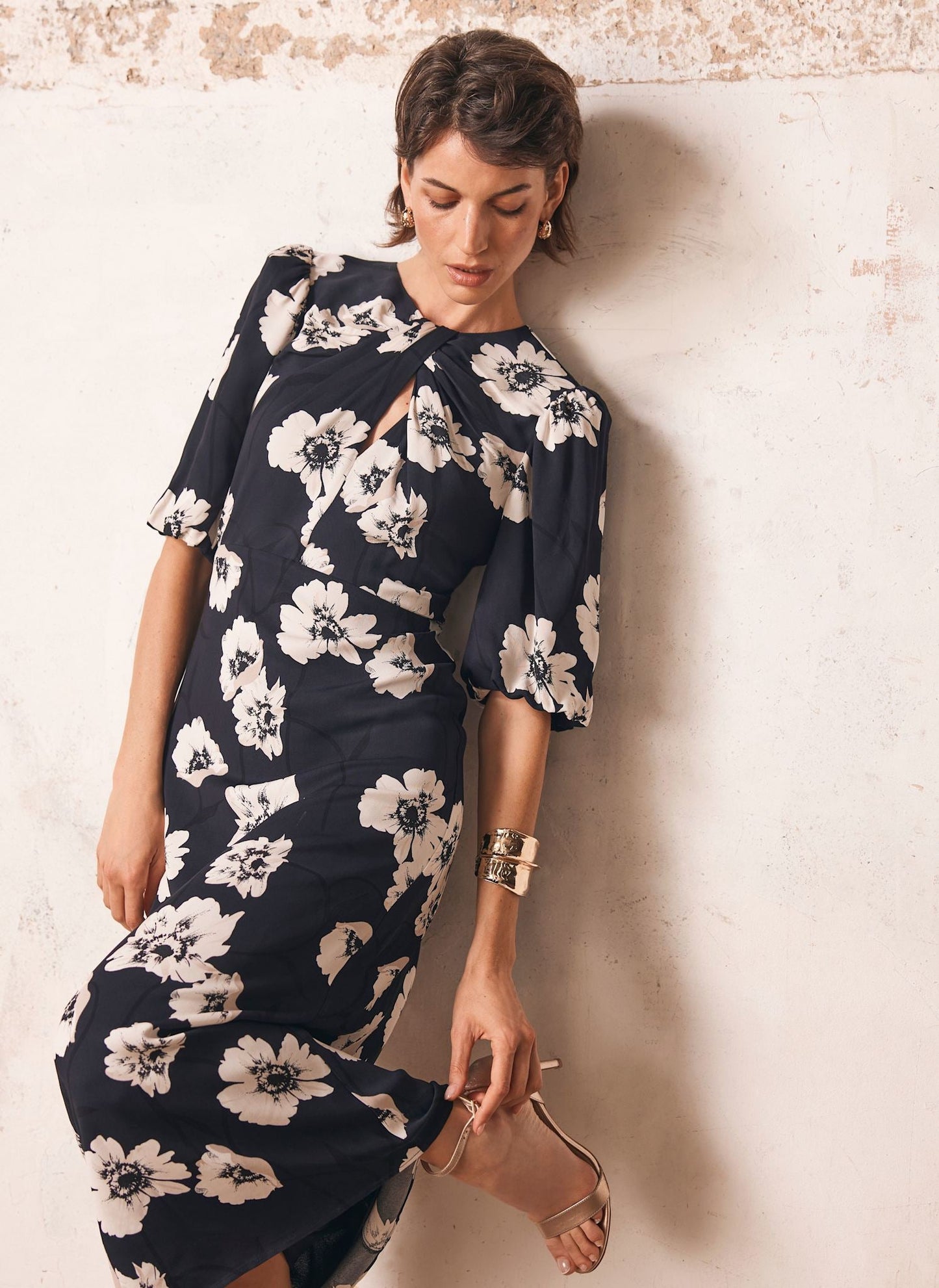 Navy Floral Print Midi Dress