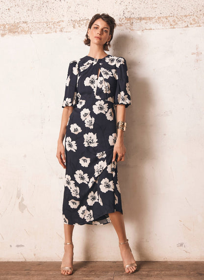 Navy Floral Print Midi Dress
