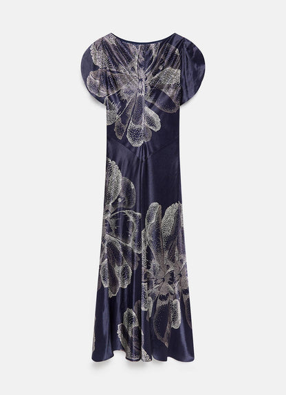 Navy Floral Print Satin Midi Dress