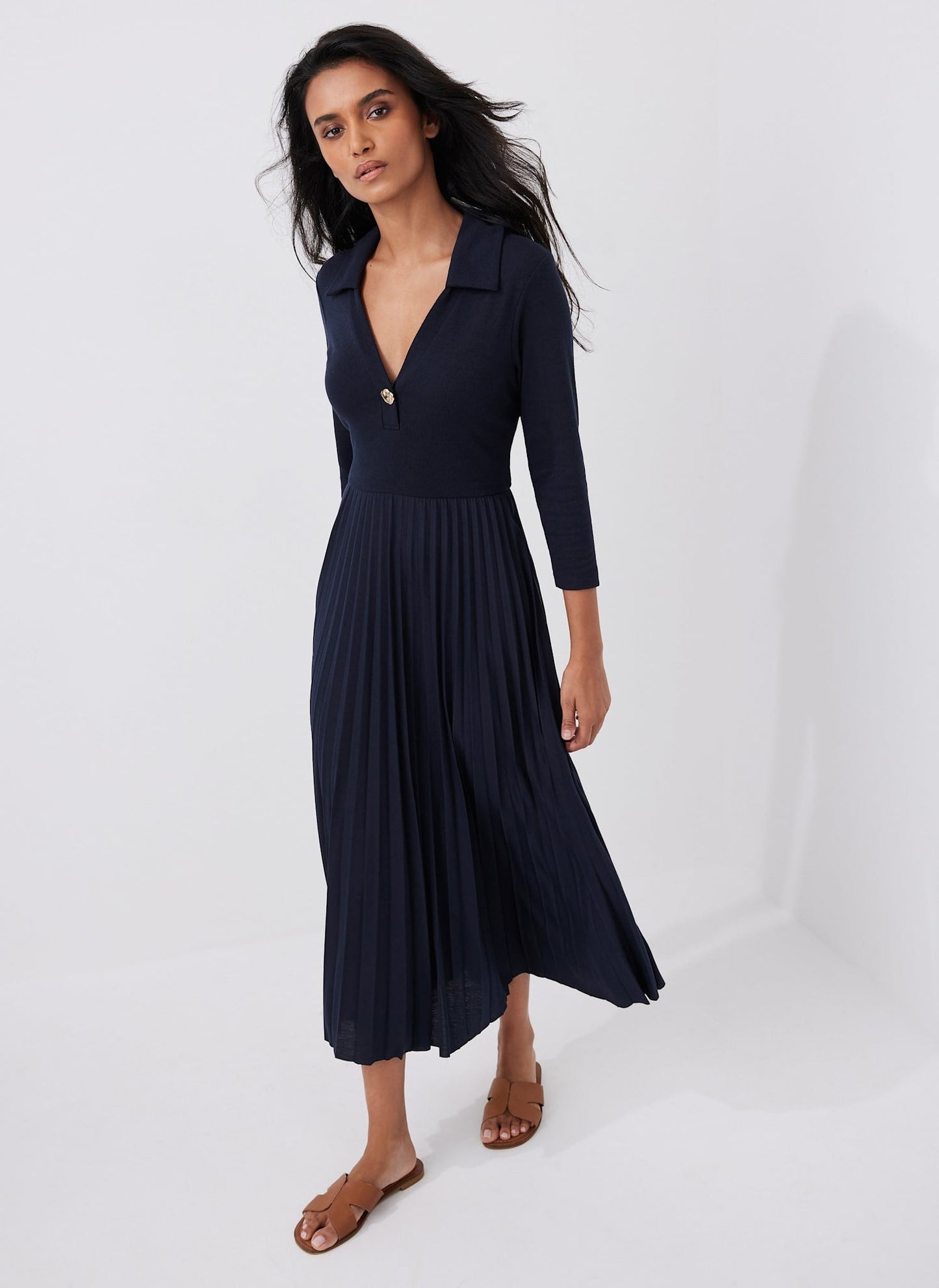 Navy Jersey Collar Midi Dress