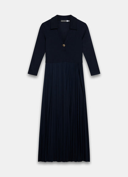 Navy Jersey Collar Midi Dress